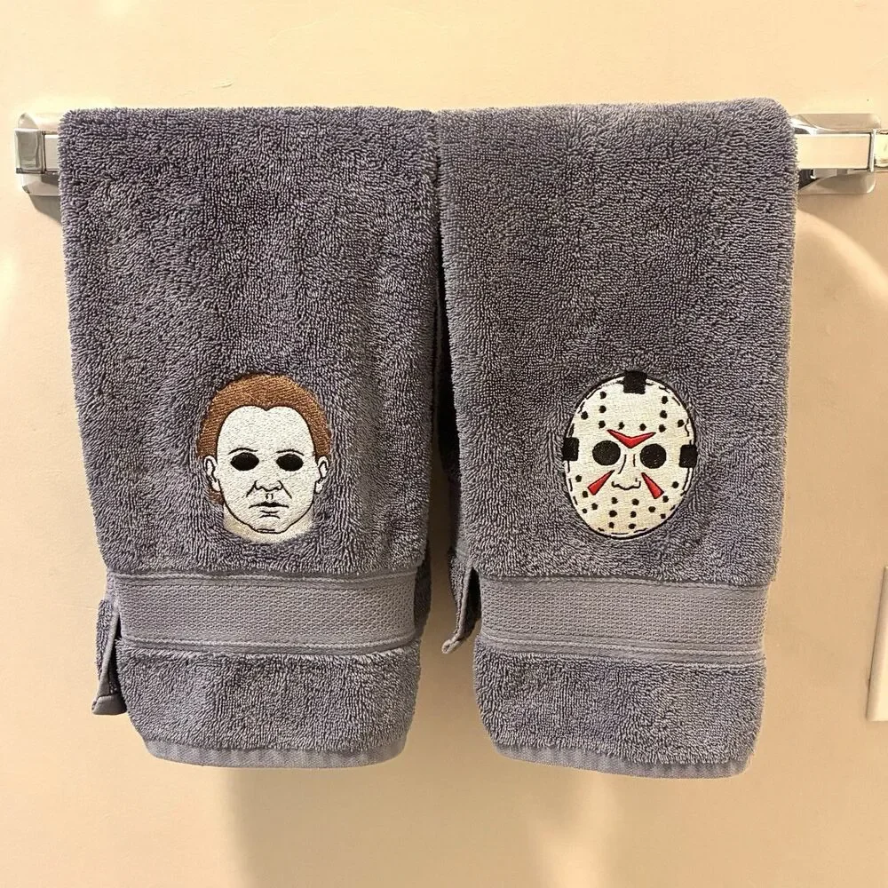 Jason Mask Michael Meyers Set of Hand Towels Embroidered Halloween Decor